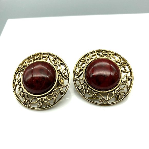 Vintage Burgundy Cabochon Earrings in Gold Tone Filigree Frame Clip Ons, Chic - Picture 2 of 5